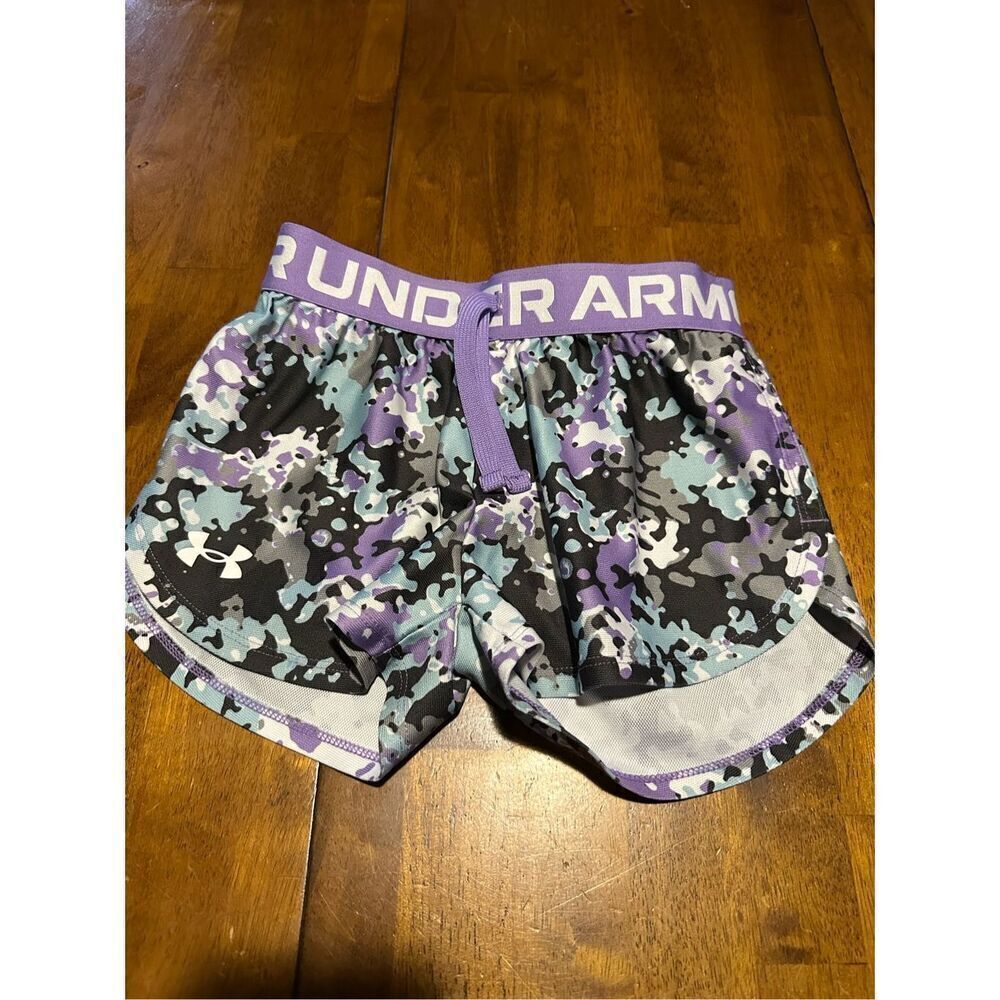 Under Armour Girls UA Play Up Printed Shorts Stretch Waistband Purple Youth XS